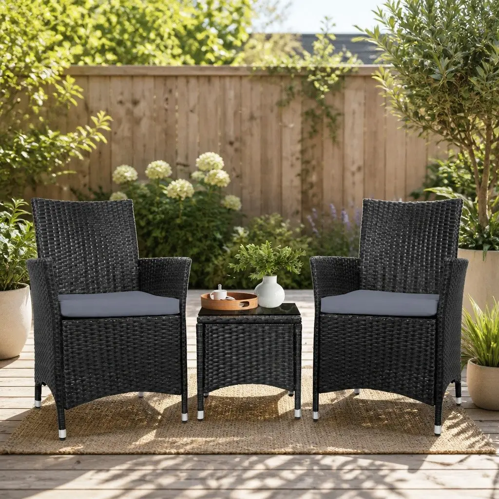 Outdoor Bistro Set Wicker Chairs with Cushions and Side Table Black