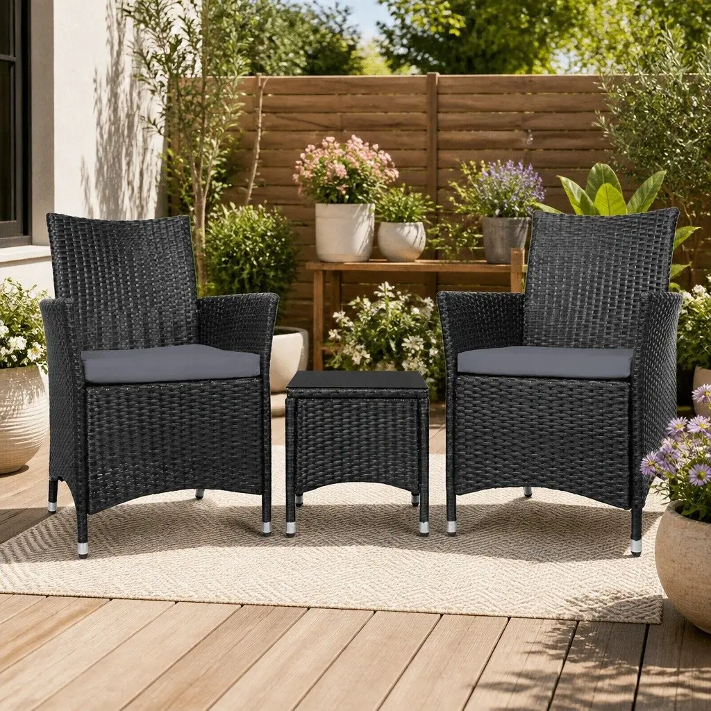 Outdoor Bistro Set Wicker Chairs with Cushions and Side Table Black