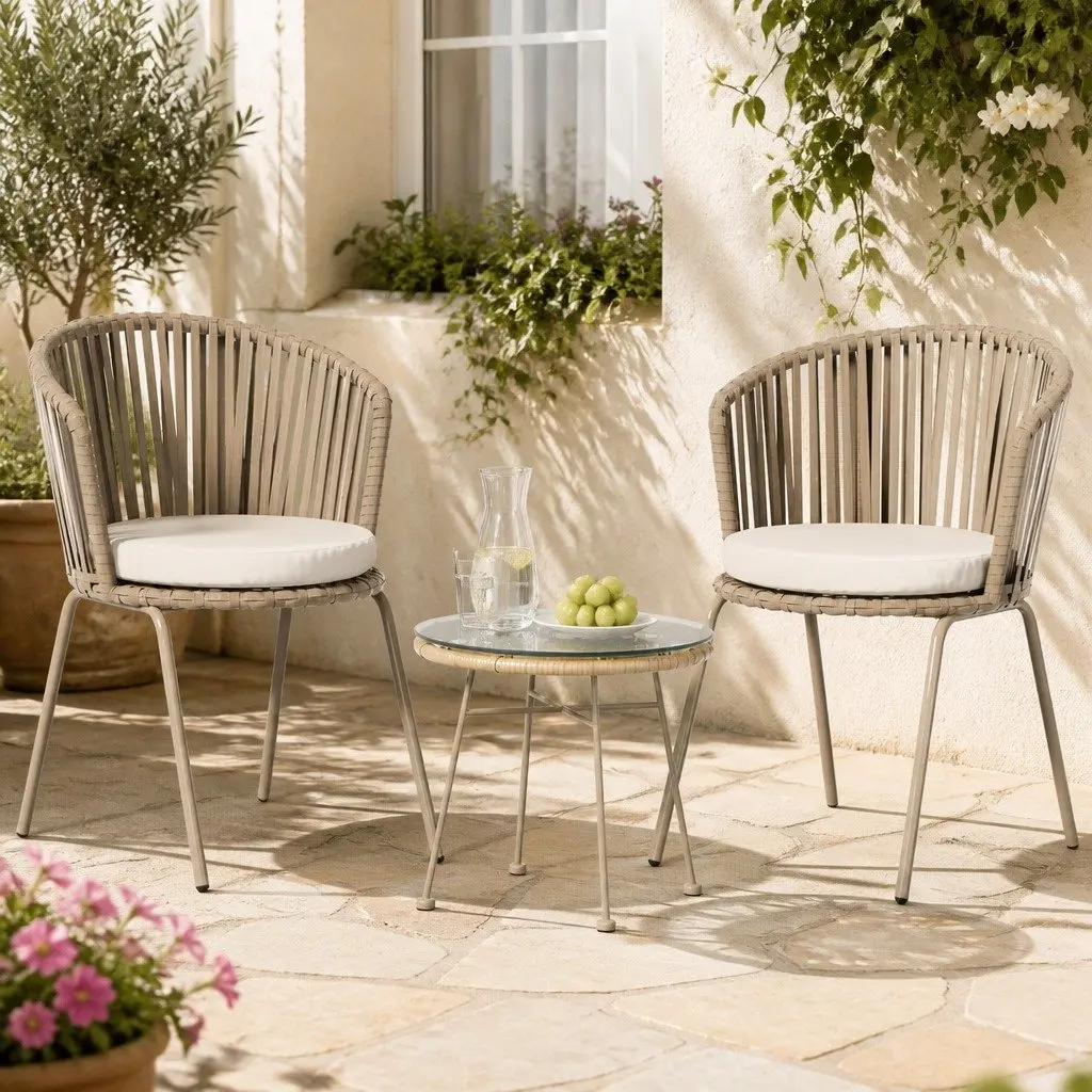 3 Piece Outdoor Bistro Set Rope Chairs Coffee Table Brown Beige