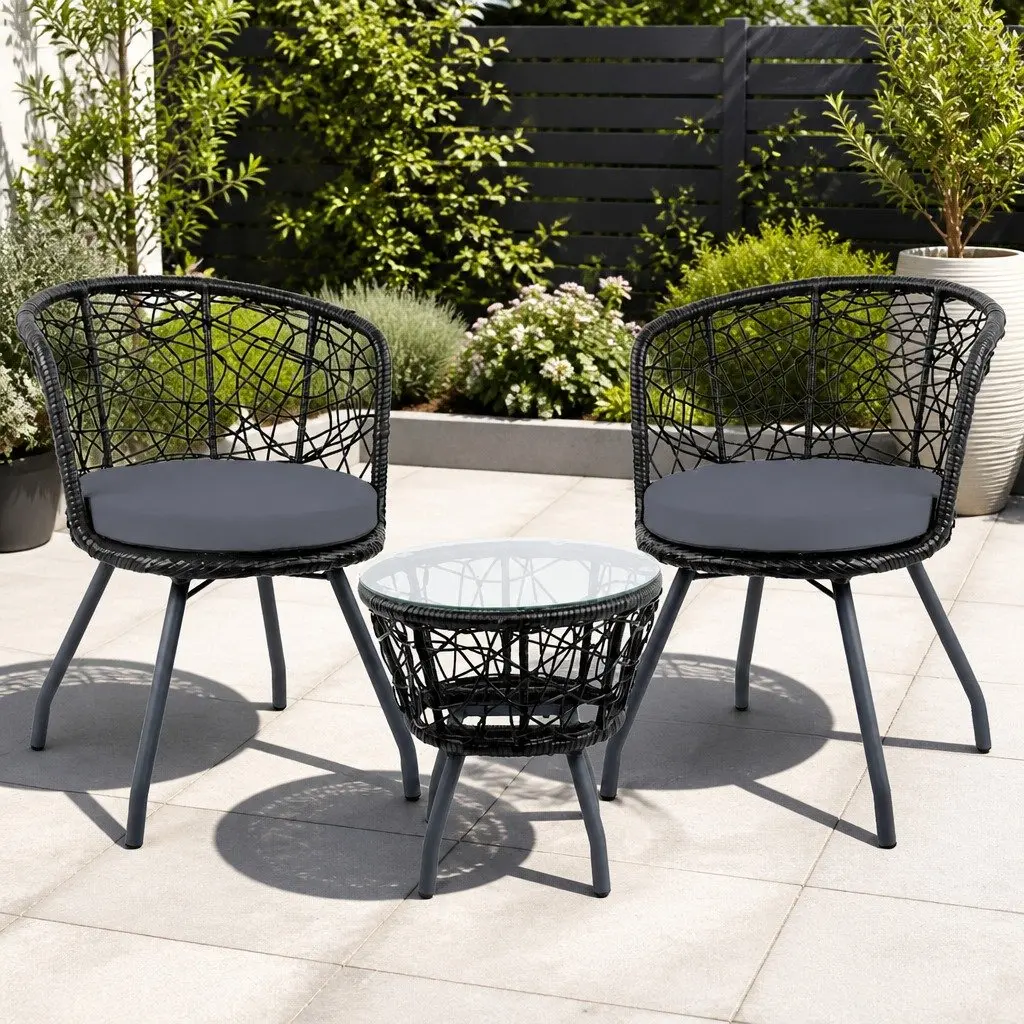 3 Piece Outdoor Bistro Set Cushioned Chairs Round Table Patio Garden Furniture Black