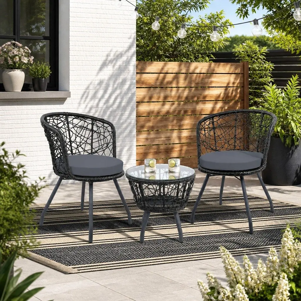 3 Piece Outdoor Bistro Set Cushioned Chairs Round Table Patio Garden Furniture Black