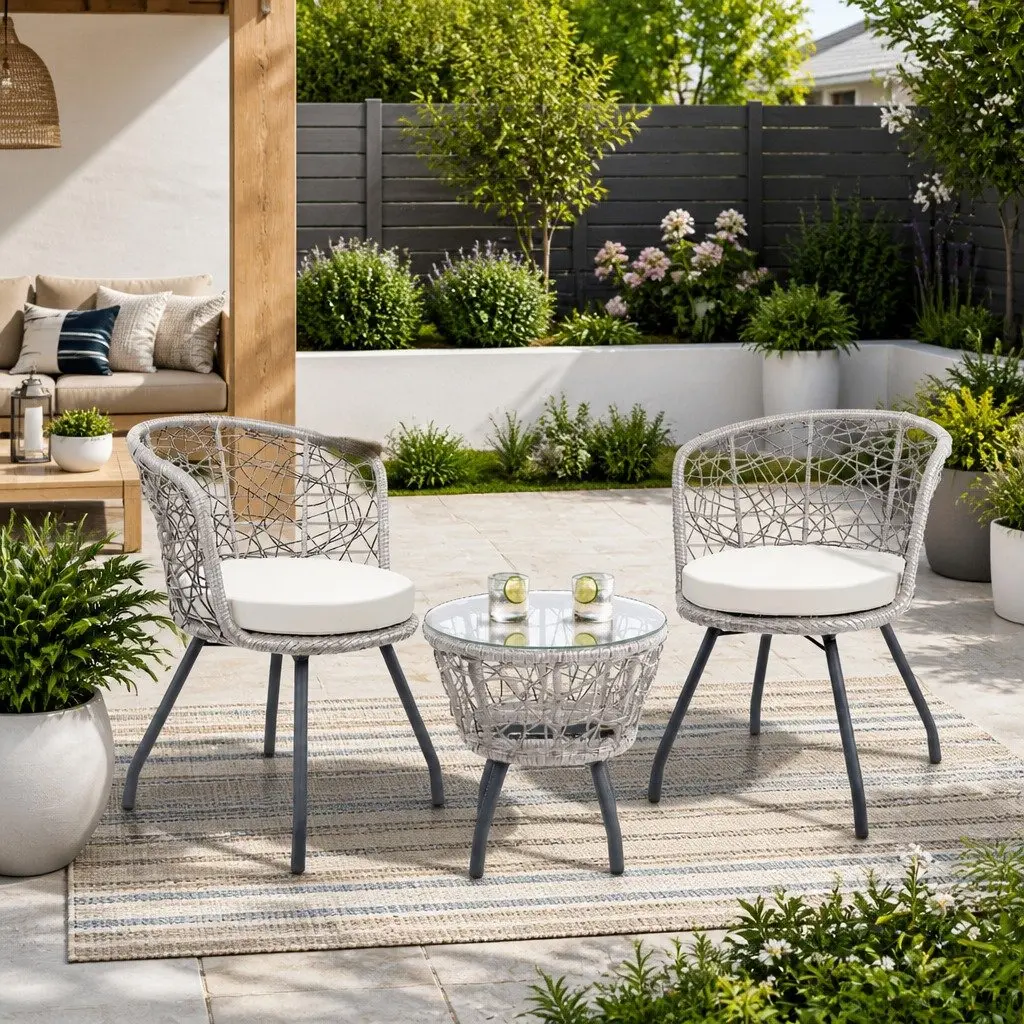 3PC Outdoor Rattan Bistro Set Grey Round Table and Chairs