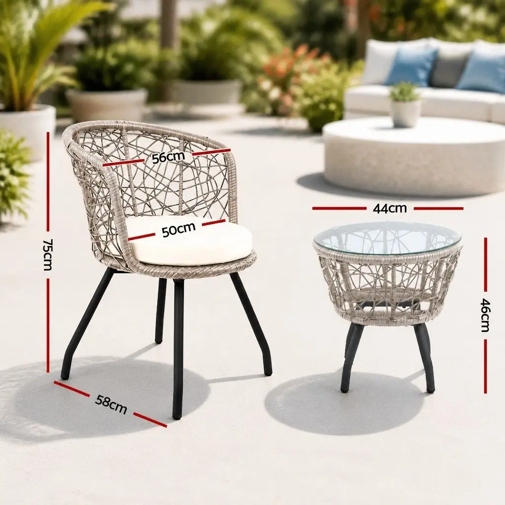 3PC Outdoor Rattan Bistro Set Grey Round Table and Chairs