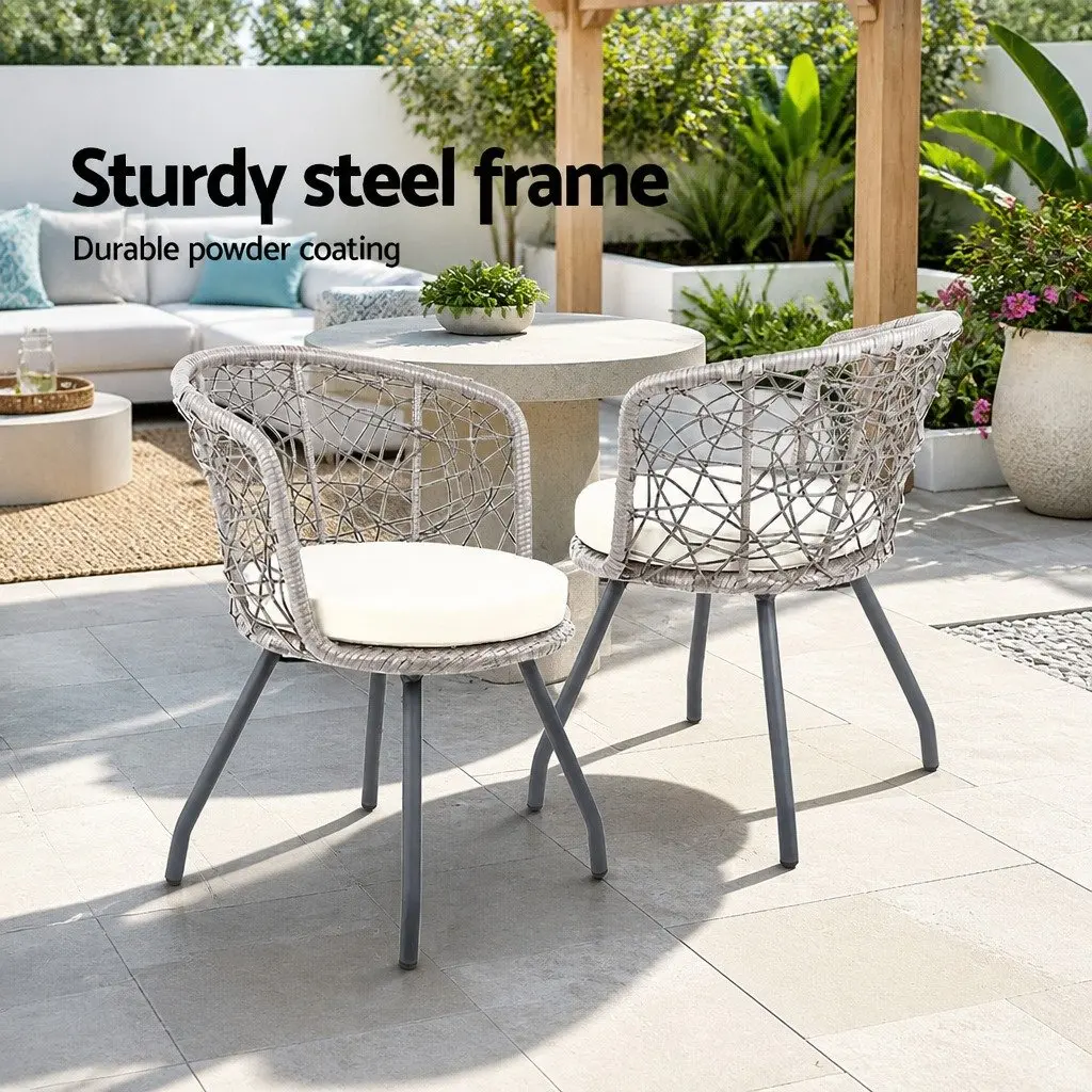 3PC Outdoor Rattan Bistro Set Grey Round Table and Chairs