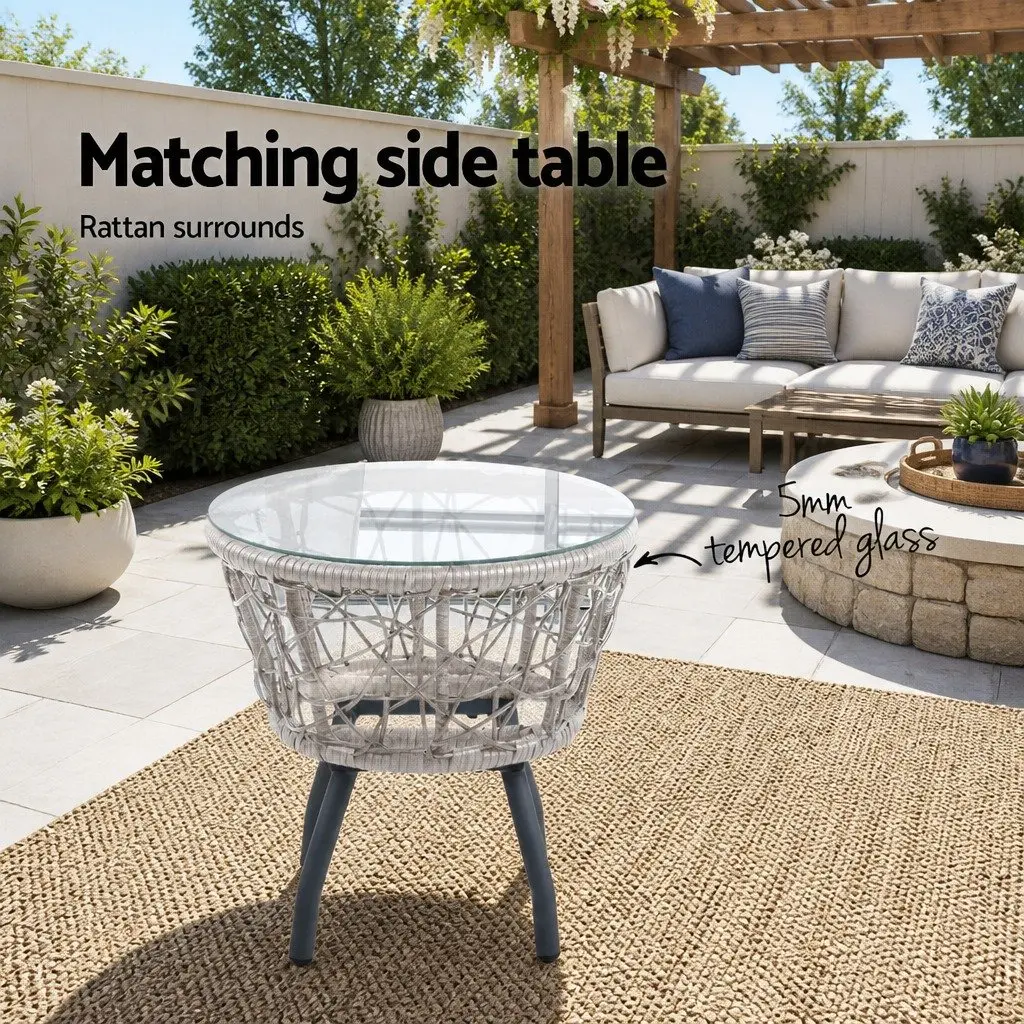 3PC Outdoor Rattan Bistro Set Grey Round Table and Chairs