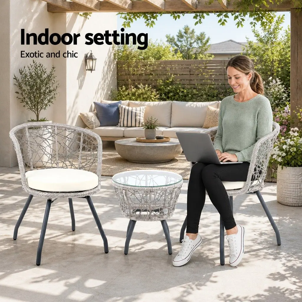 3PC Outdoor Rattan Bistro Set Grey Round Table and Chairs