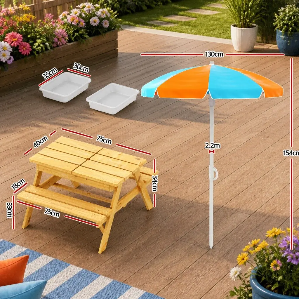 Kids Picnic Table Bench Set Sturdy Wood Construction Height Adjustable Umbrella