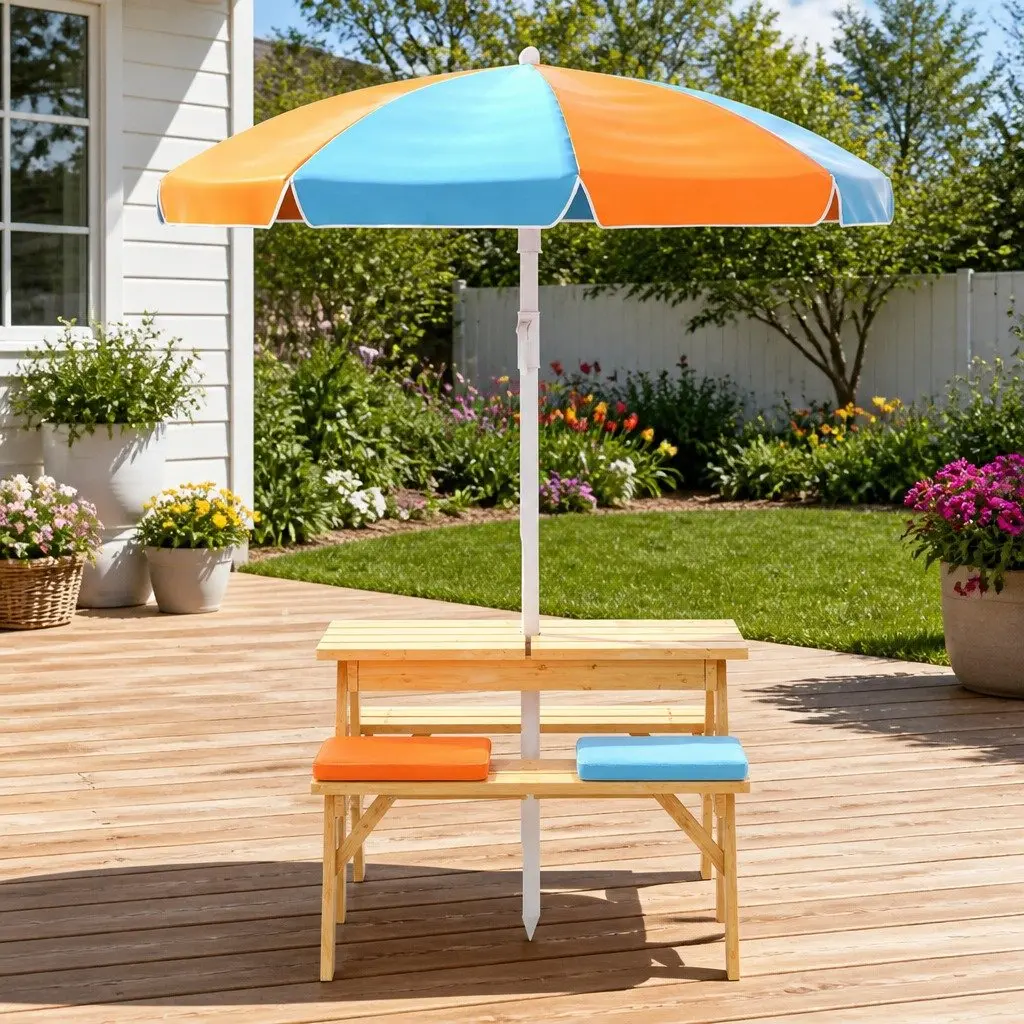 Kids Picnic Table Bench Set Sturdy Wood Construction Height Adjustable Umbrella