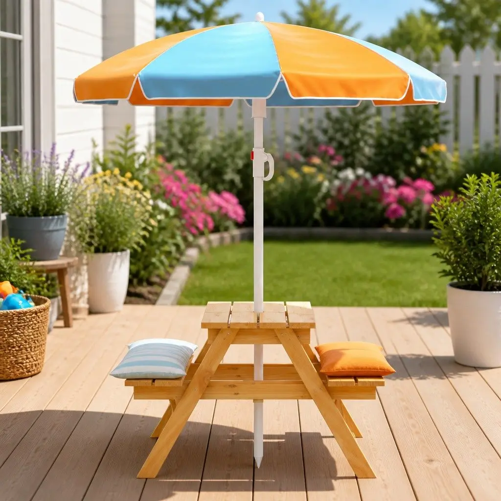 Kids Picnic Table Bench Set Sturdy Wood Construction Height Adjustable Umbrella