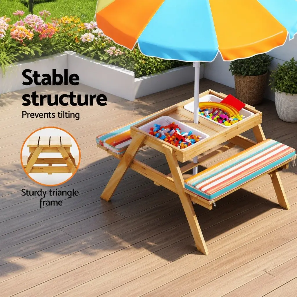 Kids Picnic Table Bench Set Sturdy Wood Construction Height Adjustable Umbrella