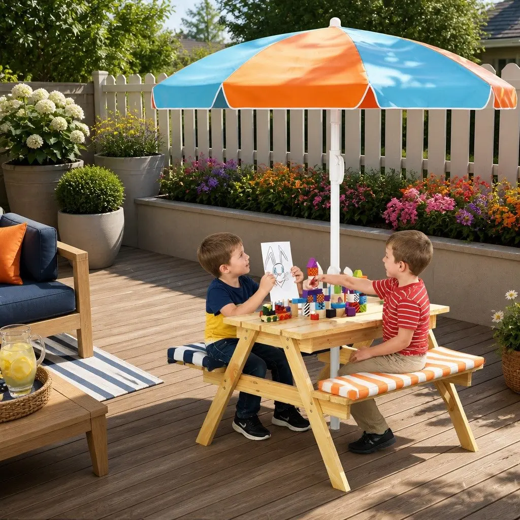 Kids Picnic Table Bench Set Sturdy Wood Construction Height Adjustable Umbrella