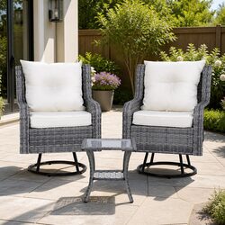 3-Piece Outdoor Bistro Set Swivel Chairs Side Table Wicker Lounge Furniture Grey