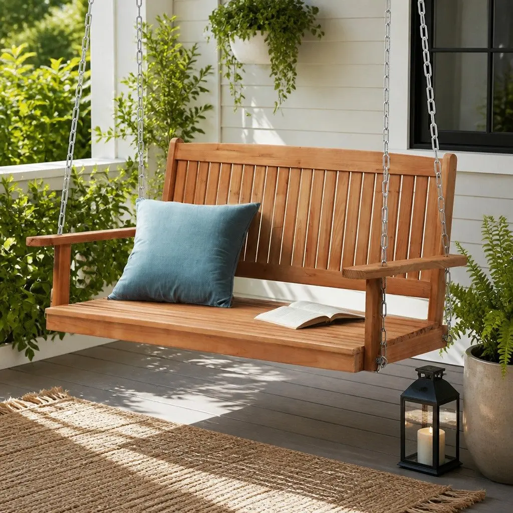 2 Seater Porch Swing Chair Wooden Outdoor Garden Bench with Heavy-duty Metal Chains