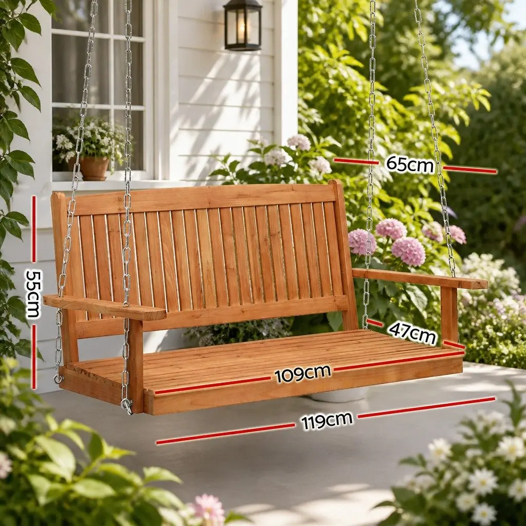 2 Seater Porch Swing Chair Wooden Outdoor Garden Bench with Heavy-duty Metal Chains