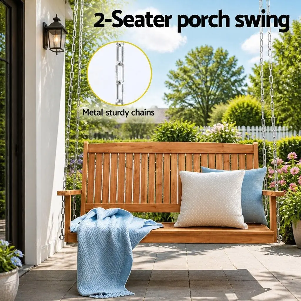 2 Seater Porch Swing Chair Wooden Outdoor Garden Bench with Heavy-duty Metal Chains