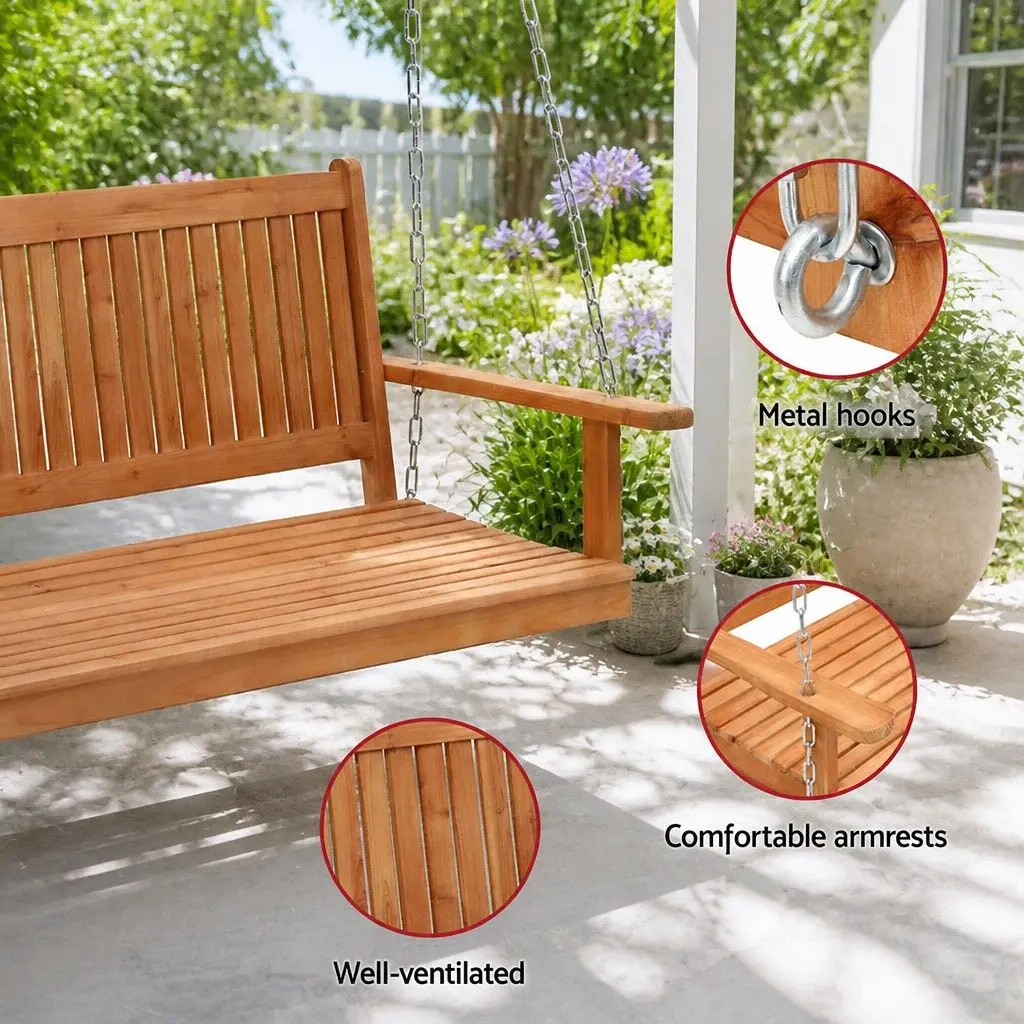 2 Seater Porch Swing Chair Wooden Outdoor Garden Bench with Heavy-duty Metal Chains