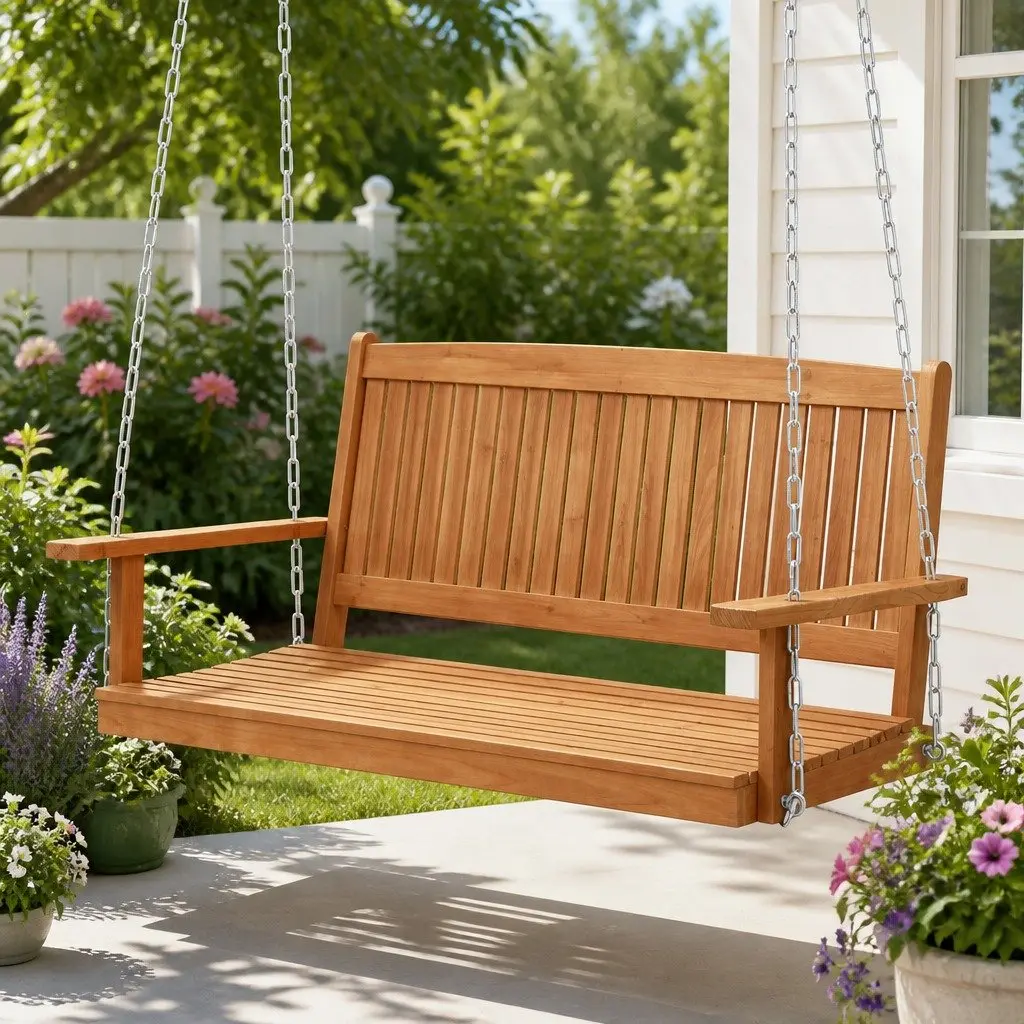 2 Seater Porch Swing Chair Wooden Outdoor Garden Bench with Heavy-duty Metal Chains