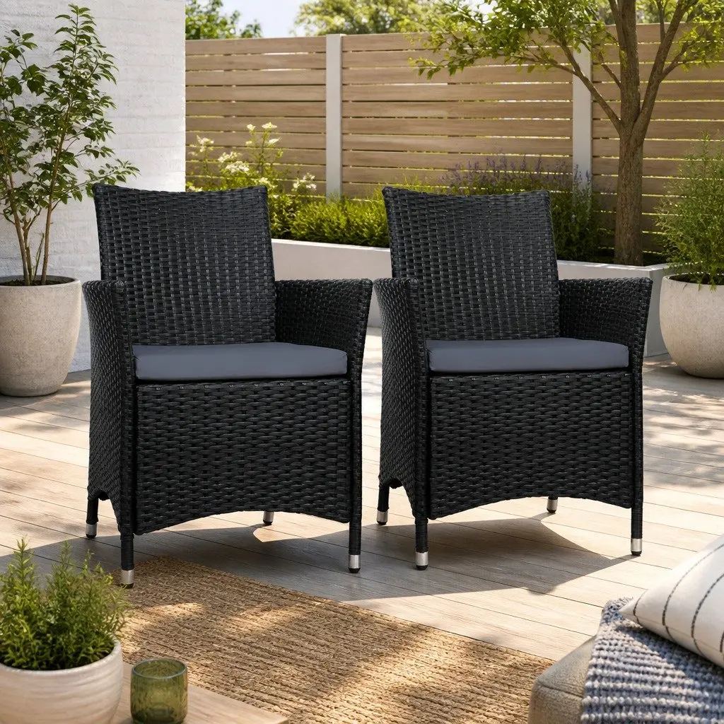 Wicker Outdoor Dining Chairs Black Cushion Set 2 Pieces Weather Resistant PE Wicker