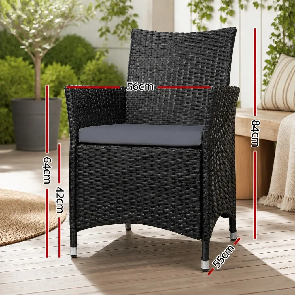 Wicker Outdoor Dining Chairs Black Cushion Set 2 Pieces Weather Resistant PE Wicker