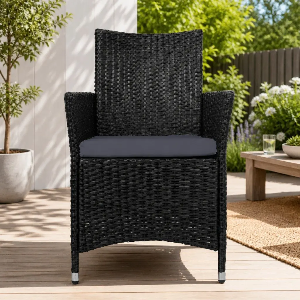 Wicker Outdoor Dining Chairs Black Cushion Set 2 Pieces Weather Resistant PE Wicker