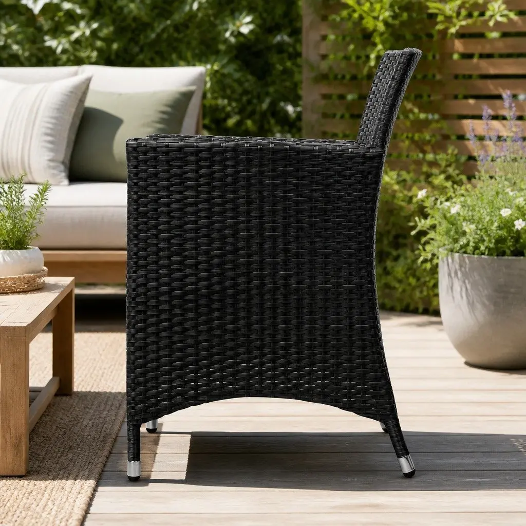 Wicker Outdoor Dining Chairs Black Cushion Set 2 Pieces Weather Resistant PE Wicker
