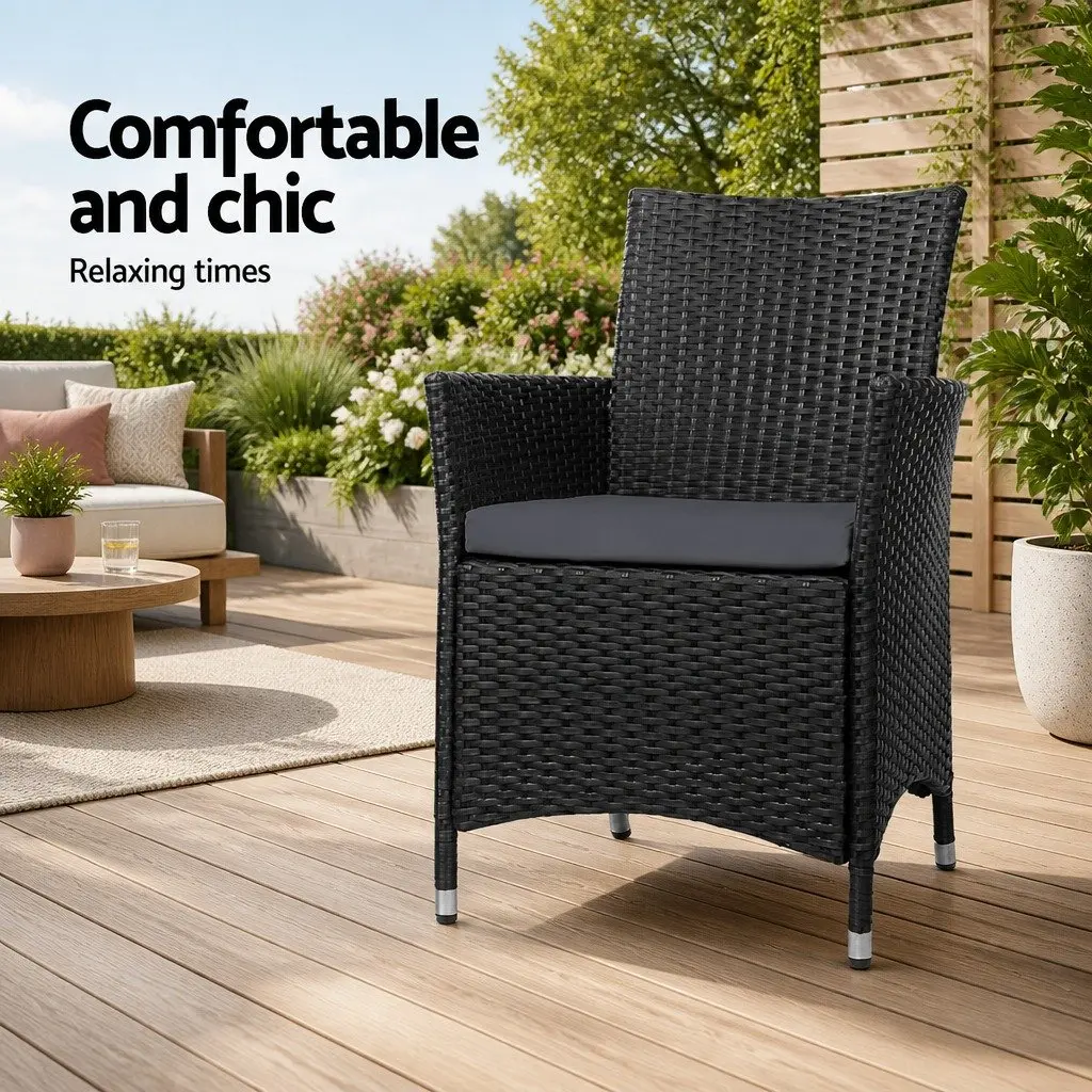 Wicker Outdoor Dining Chairs Black Cushion Set 2 Pieces Weather Resistant PE Wicker