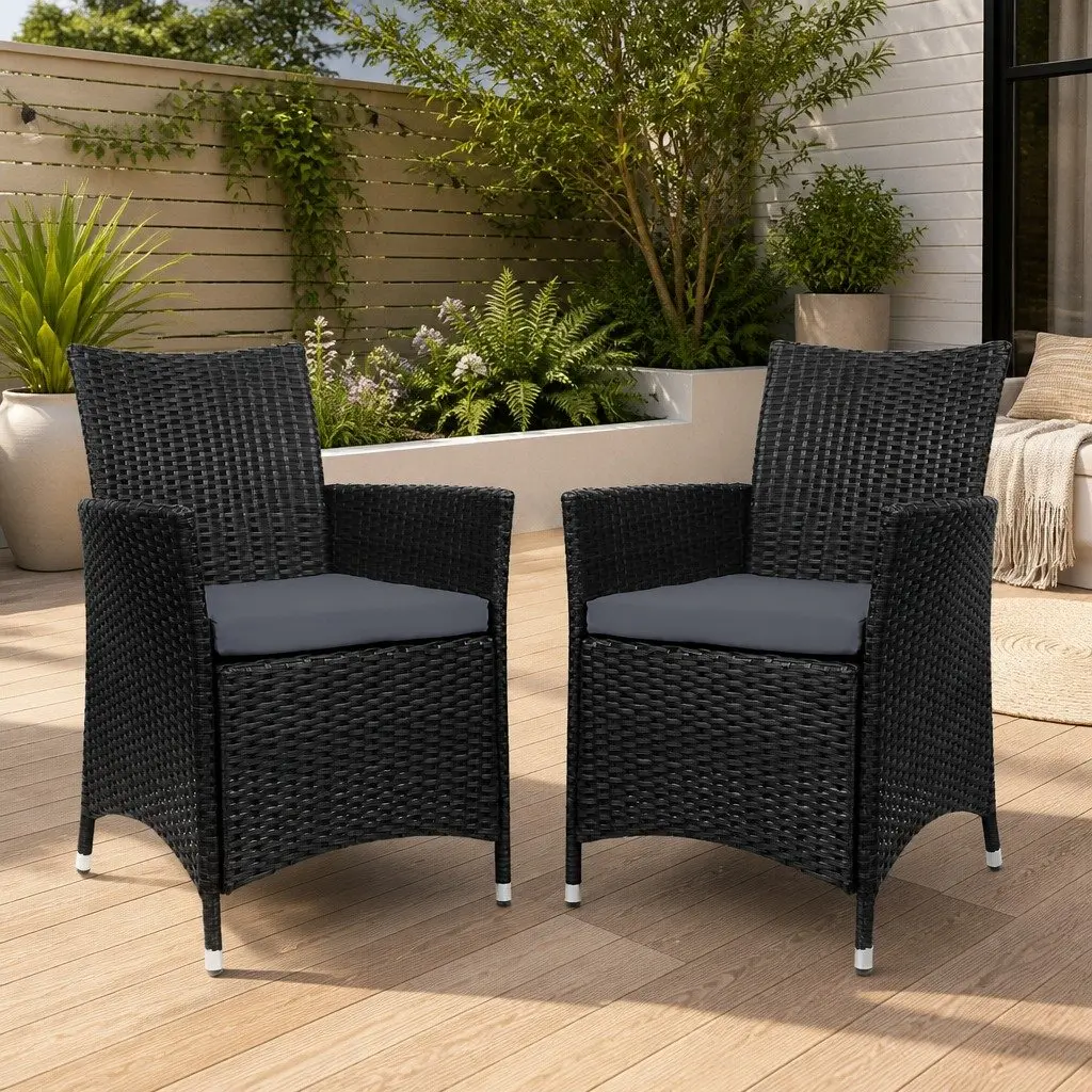Wicker Outdoor Dining Chairs Black Cushion Set 2 Pieces Weather Resistant PE Wicker
