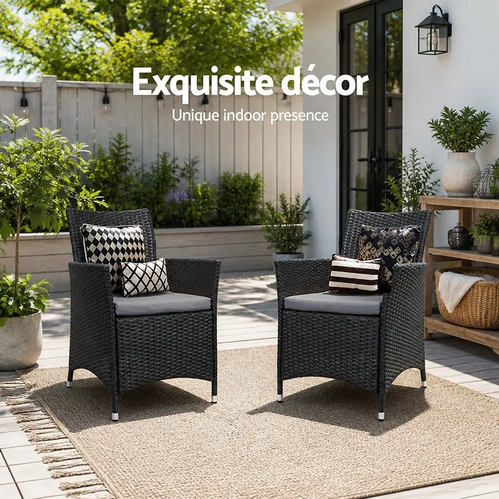 Wicker Outdoor Dining Chairs Black Cushion Set 2 Pieces Weather Resistant PE Wicker