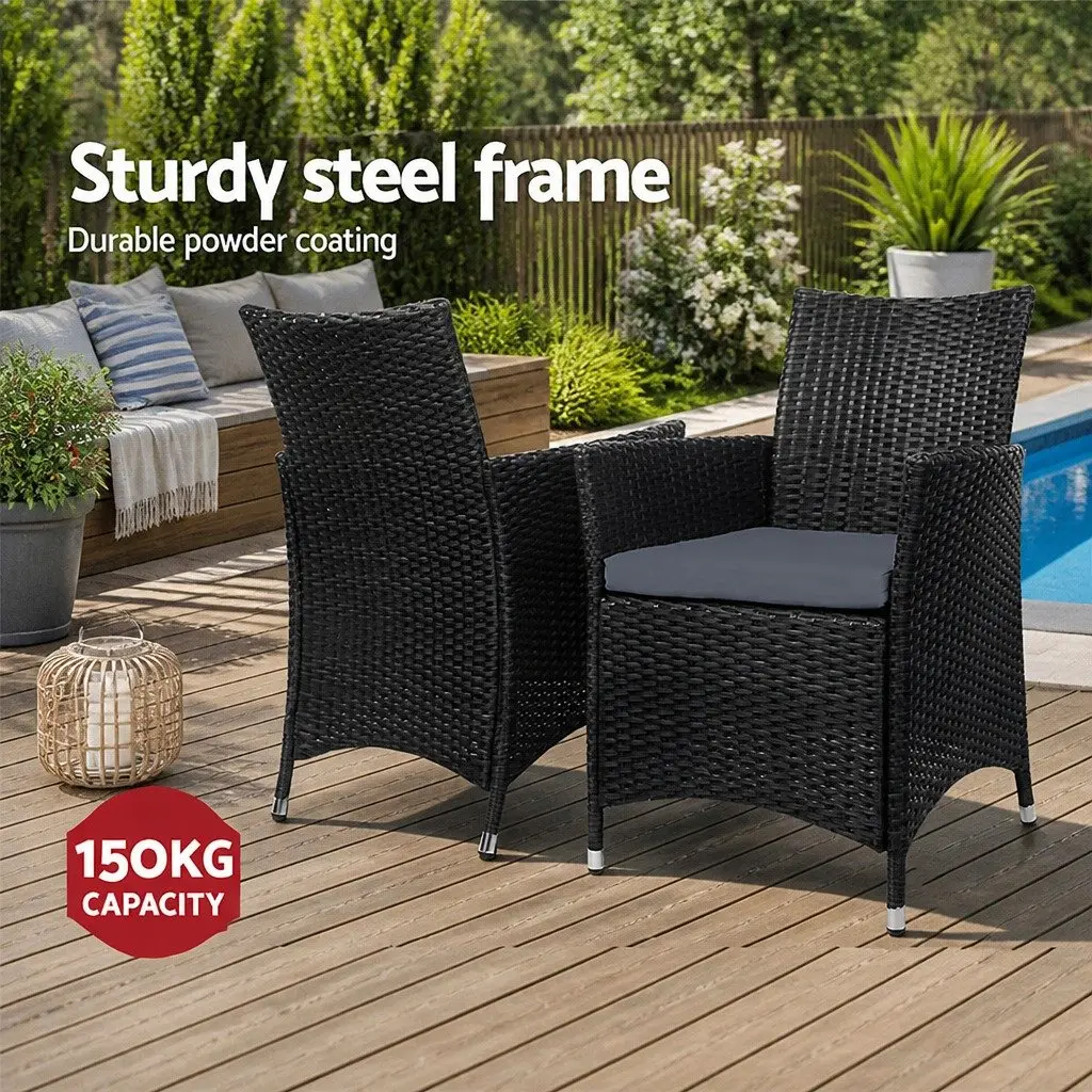Wicker Outdoor Dining Chairs Black Cushion Set 2 Pieces Weather Resistant PE Wicker