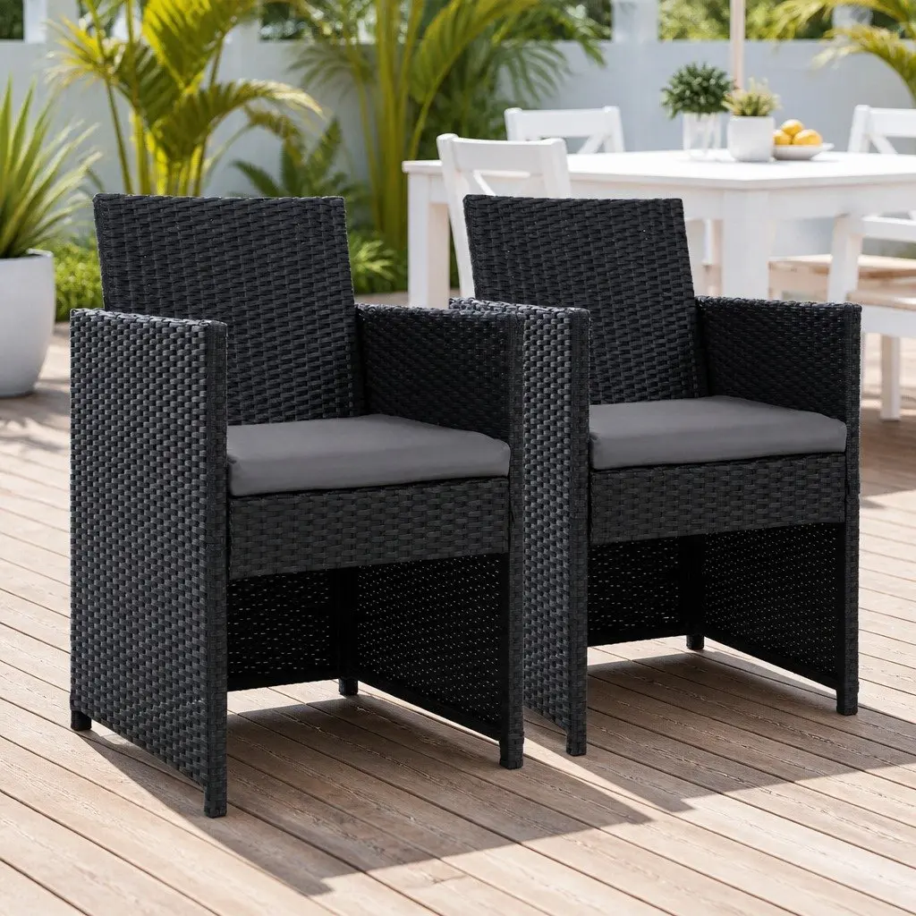 Outdoor Dining Chairs 2PC Patio Wicker Furniture Garden Seat Black Cushion