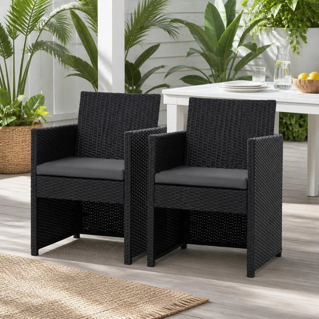 Outdoor Dining Chairs 2PC Patio Wicker Furniture Garden Seat Black Cushion