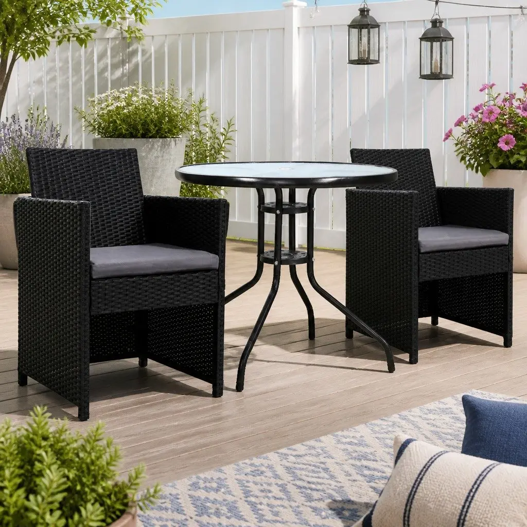 3PC Outdoor Bistro Set with Black Wicker Chairs