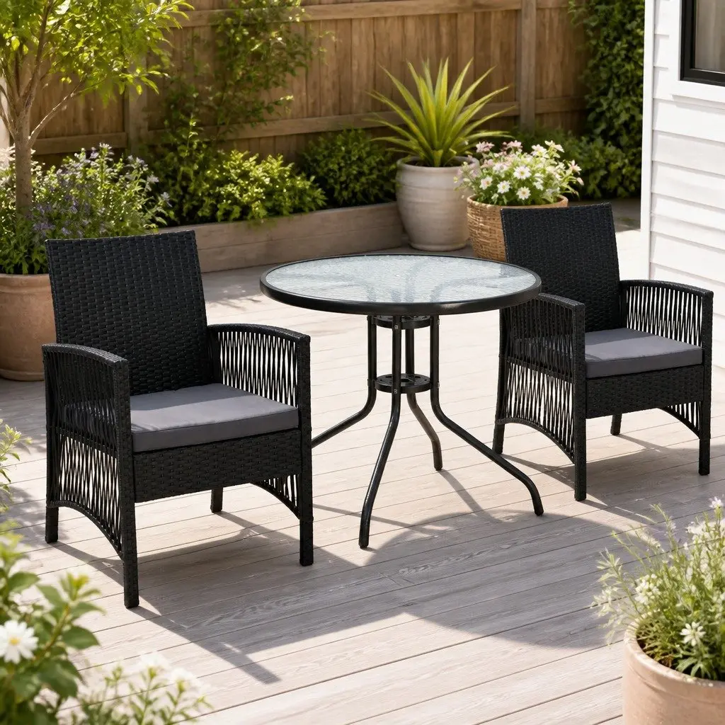 Outdoor Bistro Set with Cushions and Glass Table