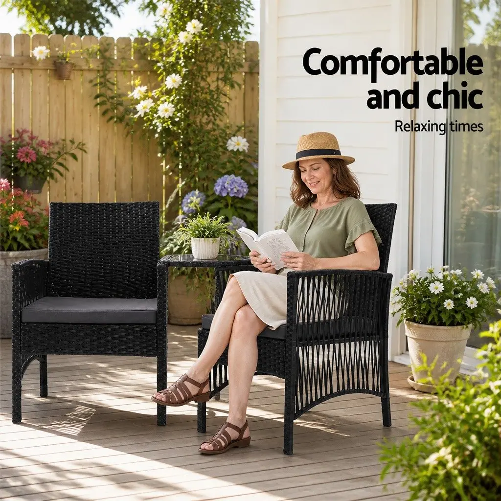 Outdoor Bistro Set with Cushions and Glass Table