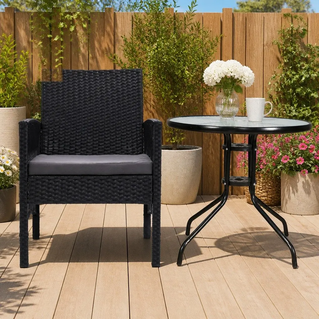 Outdoor Bistro Set with Cushions and Glass Table