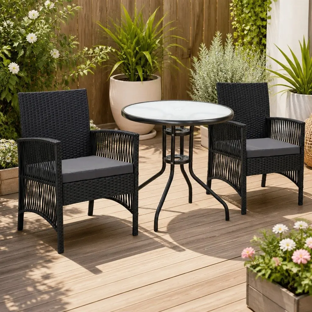 Outdoor Bistro Set with Cushions and Glass Table