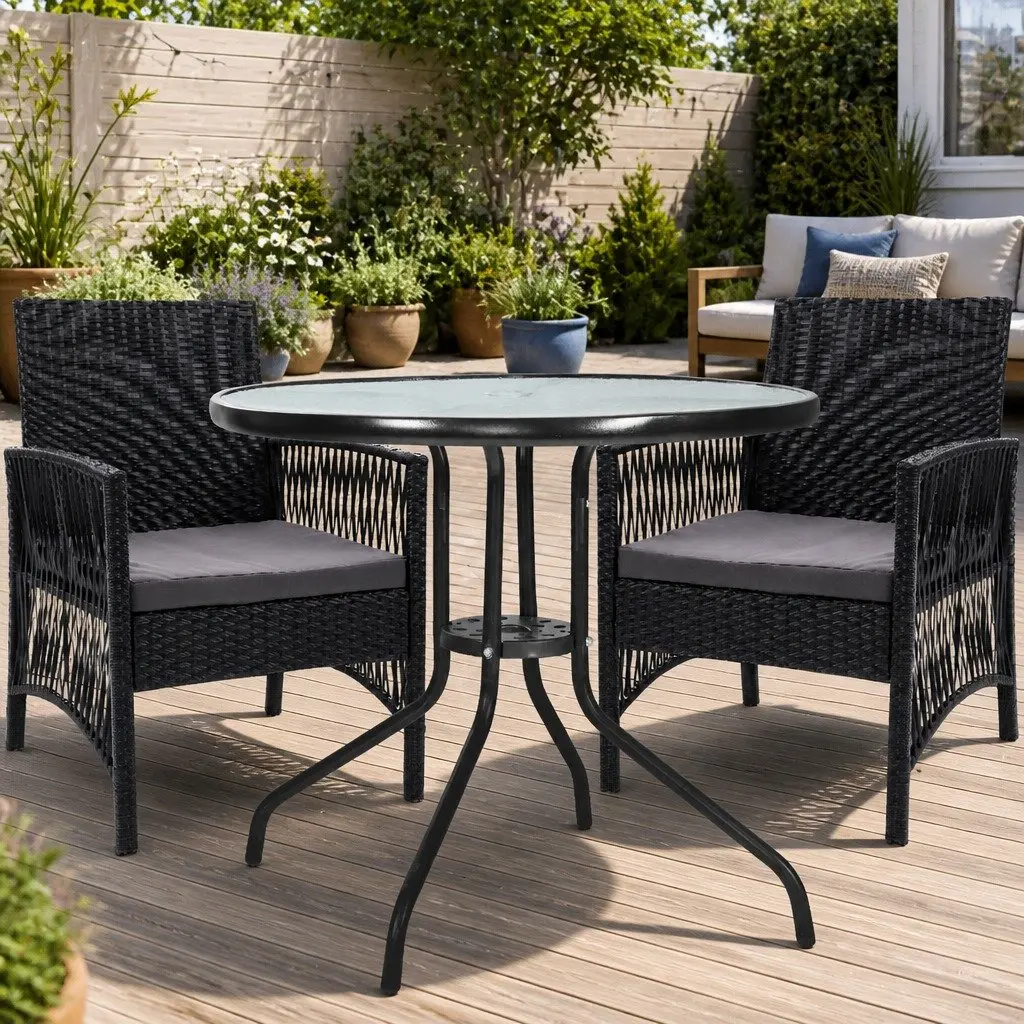 Outdoor Bistro Set with Cushions and Glass Table