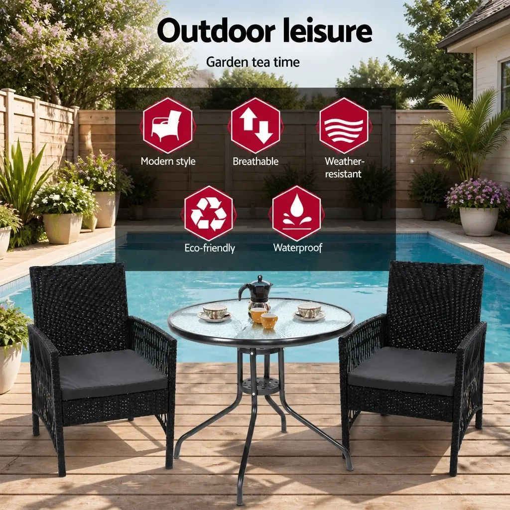 Outdoor Bistro Set with Cushions and Glass Table