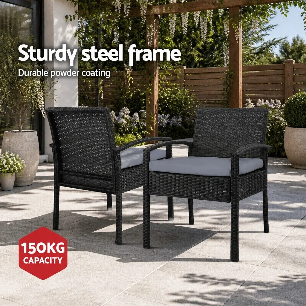 3-Piece Bistro Set Outdoor Furniture Rattan Chairs Glass Table Cushion Patio