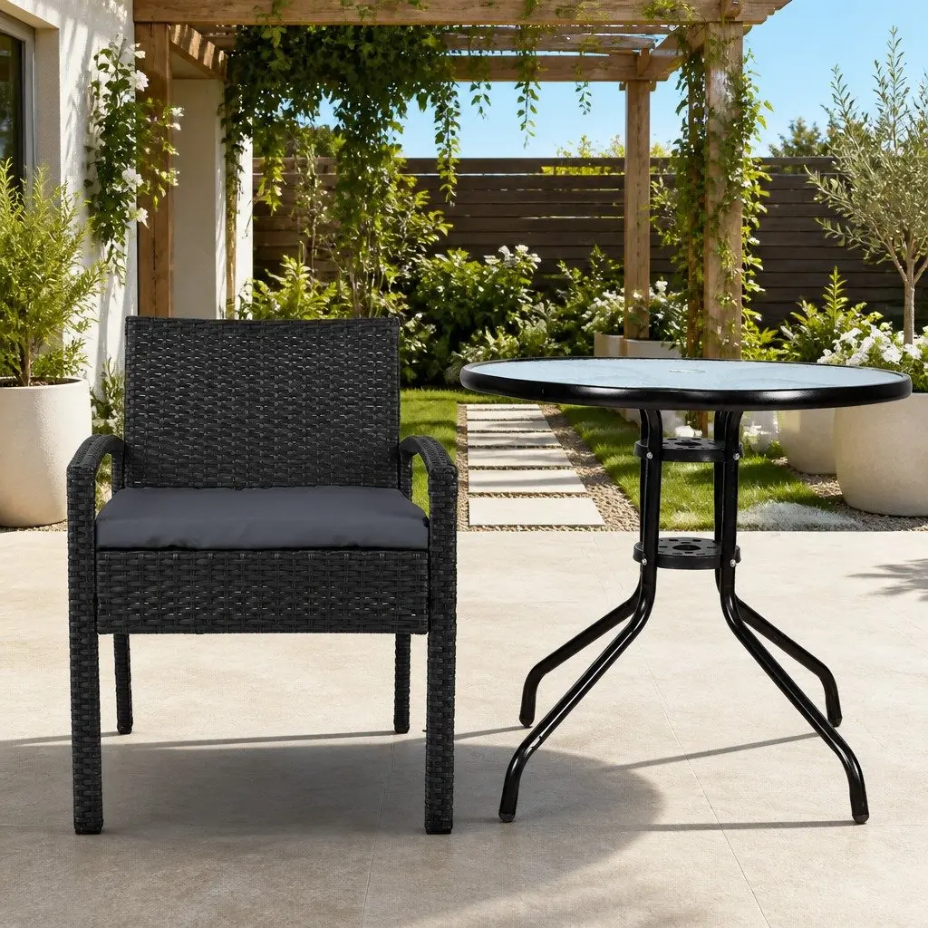 3-Piece Bistro Set Outdoor Furniture Rattan Chairs Glass Table Cushion Patio
