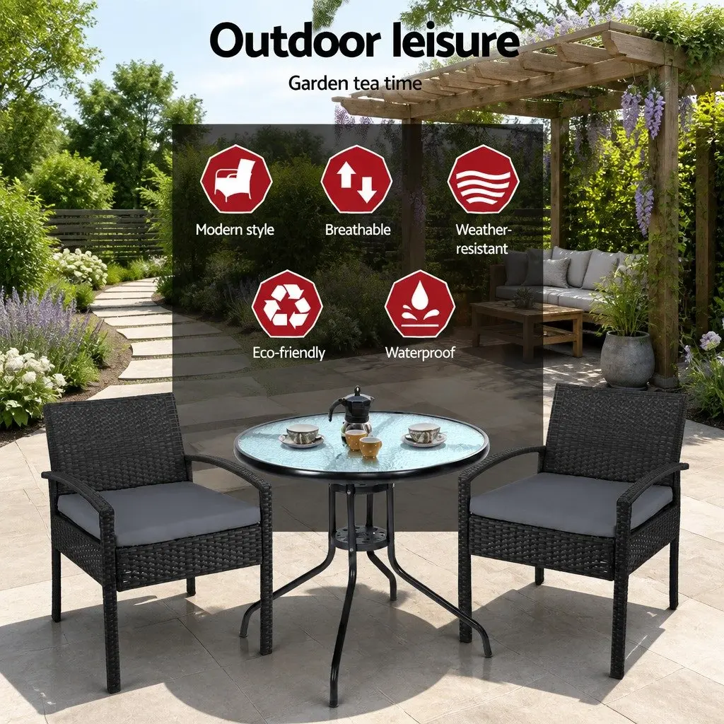 3-Piece Bistro Set Outdoor Furniture Rattan Chairs Glass Table Cushion Patio