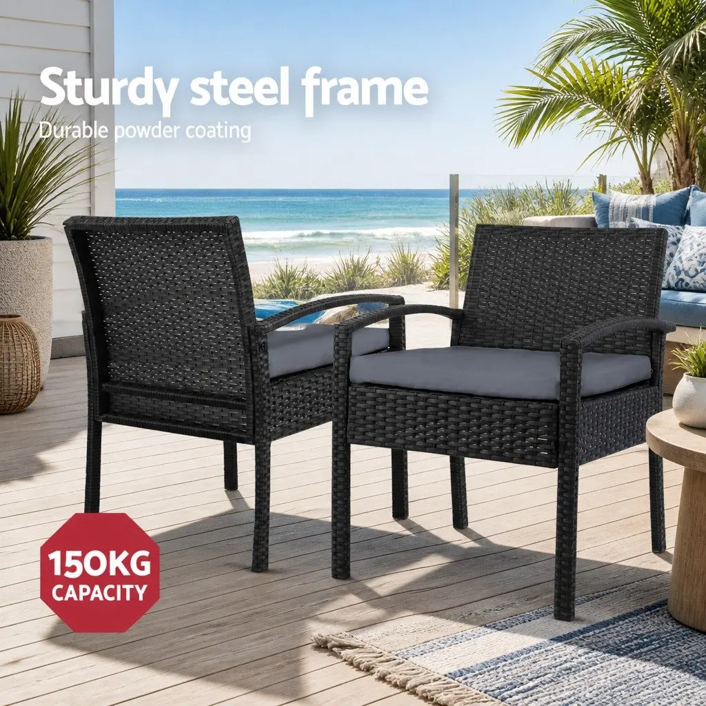 2PC Outdoor Dining Chairs Patio Furniture Rattan Lounge Chair with Cushion Black