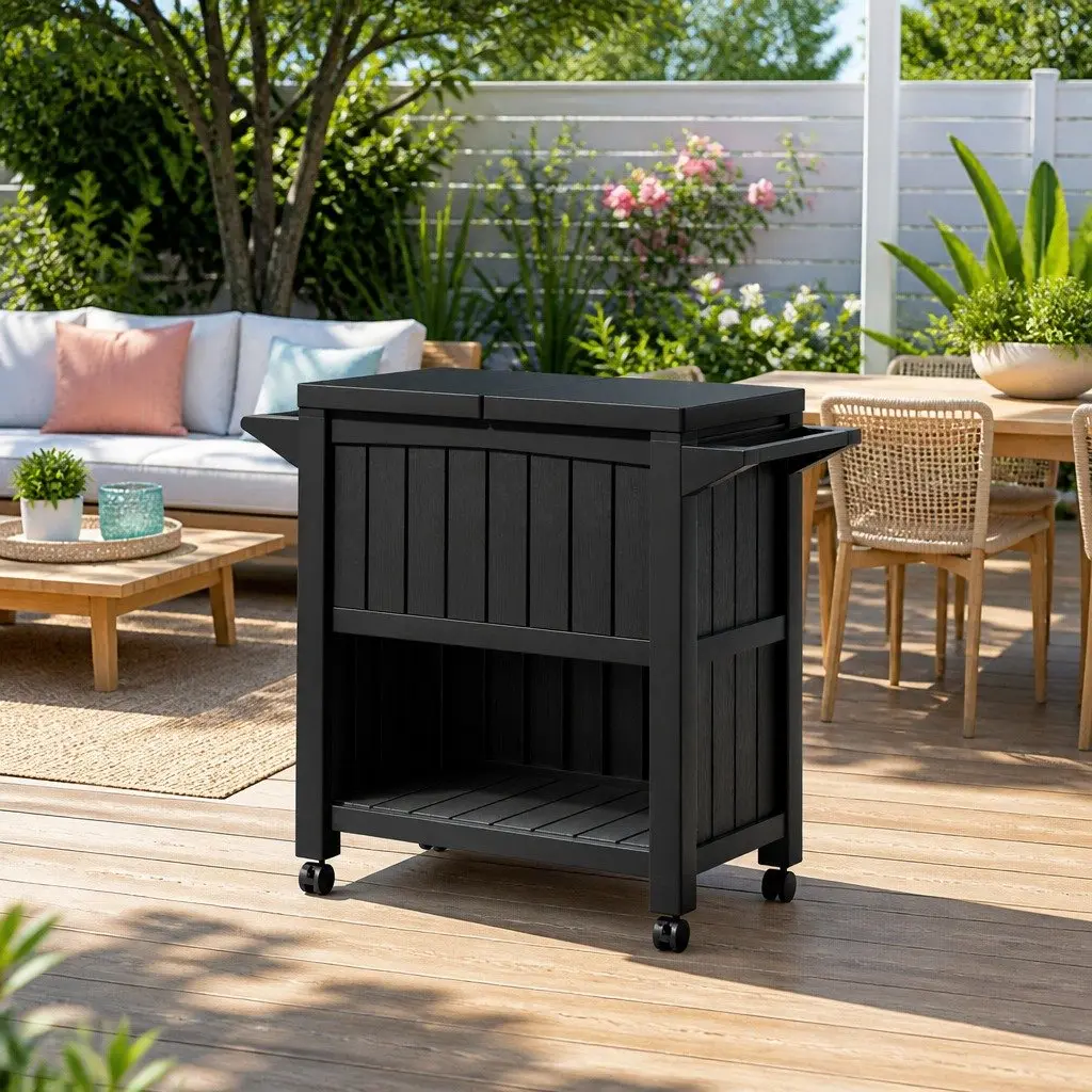 Outdoor Serving Cart Rolling Ice Bucket Cooler Storage Box Kitchen Trolley 80L