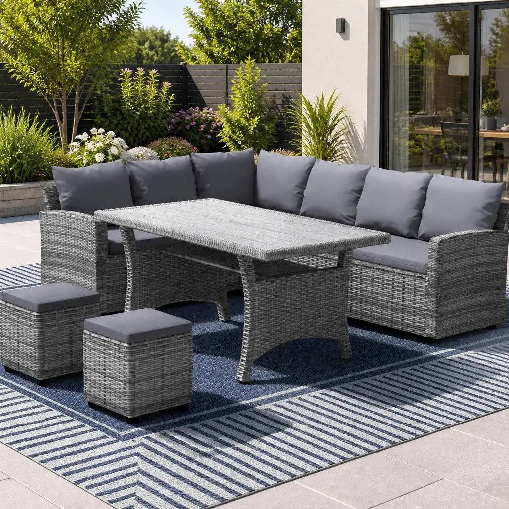 Outdoor Dining Set Wicker 8 Seater Grey Table Chairs Sofas Ottomans