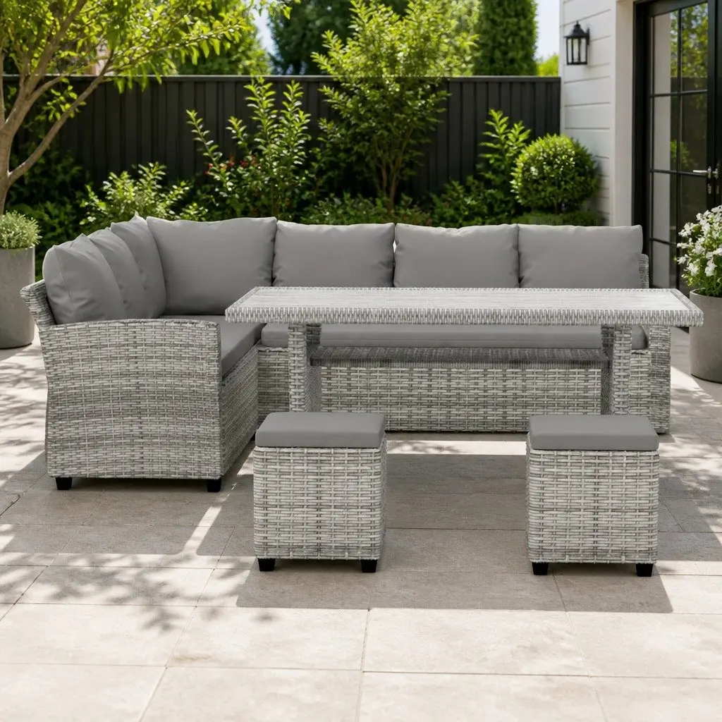 Outdoor Dining Set Wicker 8 Seater Grey Table Chairs Sofas Ottomans