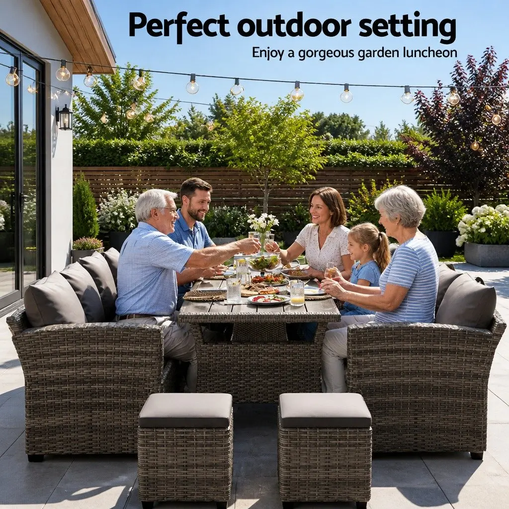Outdoor Dining Set Wicker 8 Seater Grey Table Chairs Sofas Ottomans