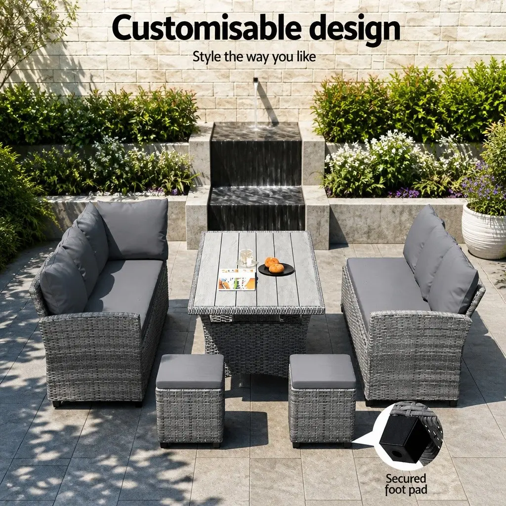 Outdoor Dining Set Wicker 8 Seater Grey Table Chairs Sofas Ottomans