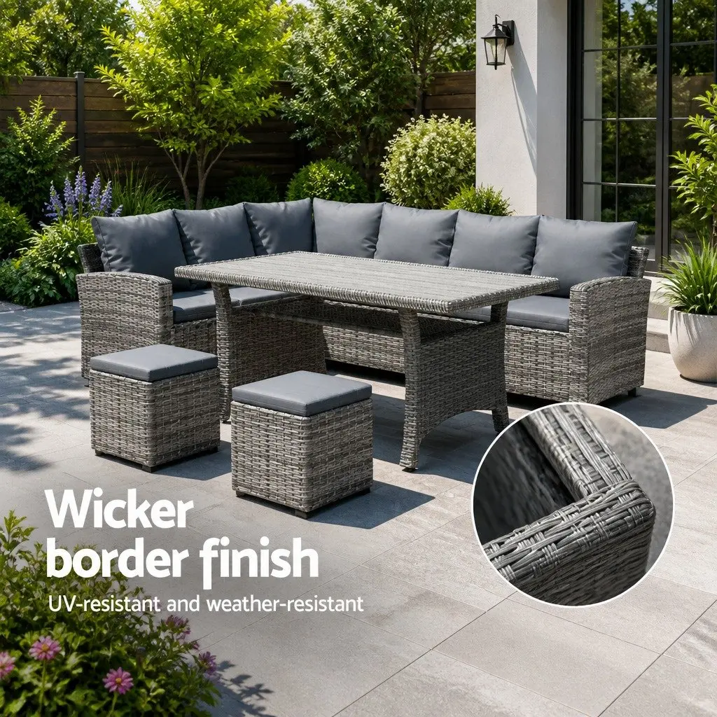 Outdoor Dining Set Wicker 8 Seater Grey Table Chairs Sofas Ottomans