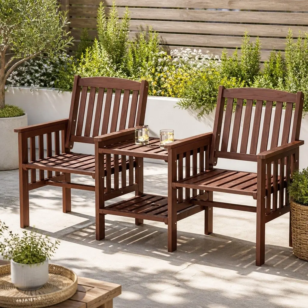 Outdoor Garden Bench 2-Seater Loveseat Wooden with Table Brown