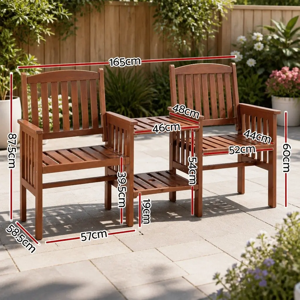 Outdoor Garden Bench 2-Seater Loveseat Wooden with Table Brown